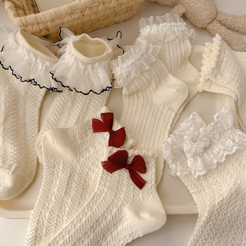 可爱蝴蝶结花边中筒袜女纯棉