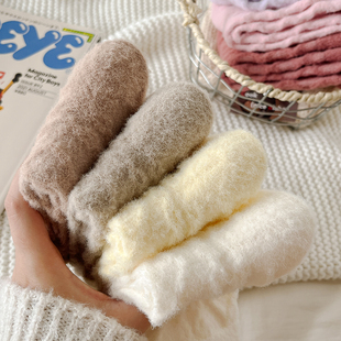 花边澳绒袜子女秋冬季保暖毛绒中筒袜加厚款居家睡眠堆堆长袜纯色