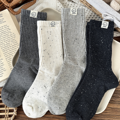 无骨布标小狗袜子女简约中筒袜纯棉春秋季韩国点子纱堆堆袜纯色