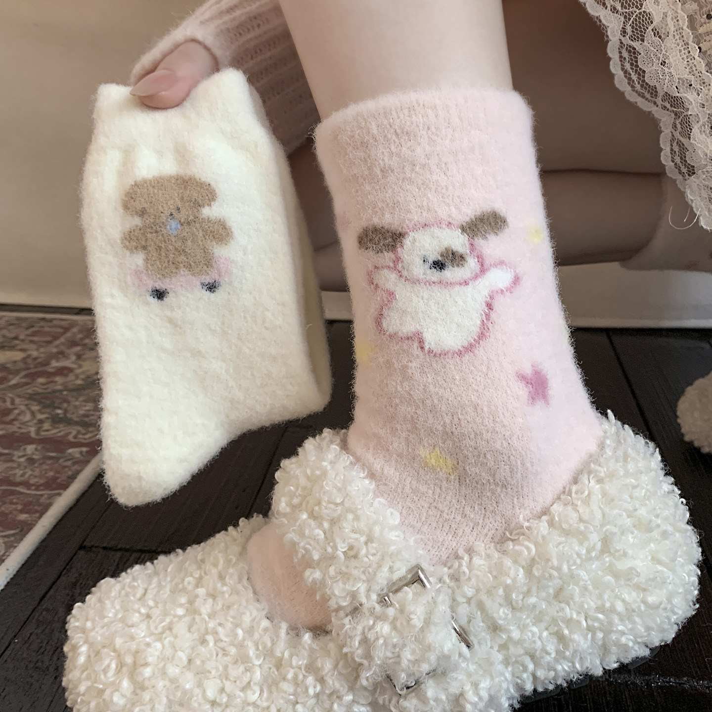 粉色澳绒袜子女可爱卡通中筒堆堆长袜加厚款秋冬季保暖居家地板袜,女士内衣/男士内衣/家居服,中筒袜,淘宝优惠券,粉丝福利购,淘宝优惠卷