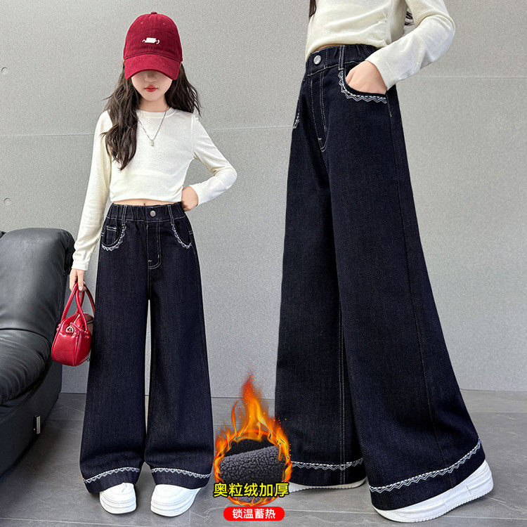 童装女童加绒裤子聚酯纤维牛仔布刺绣无弹冬季裤子