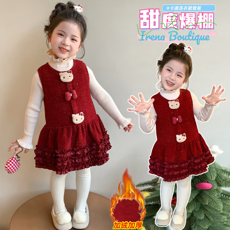 女童连衣裙冬季两件套保暖圣诞套装圣诞小女孩红色加绒套装新年