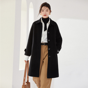 秋冬装中长款双面羊毛大衣女反季黑色翻领外套修身高端羊毛呢风衣