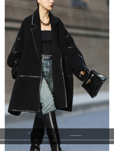 新简约进口拼绵羊皮时髦休闲气质炸街高支全羊毛呢大衣外套女秋冬