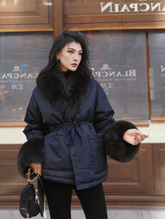 高级感藏蓝色狐狸毛短款羽绒服女冬2025新款设计感小众加厚外套女