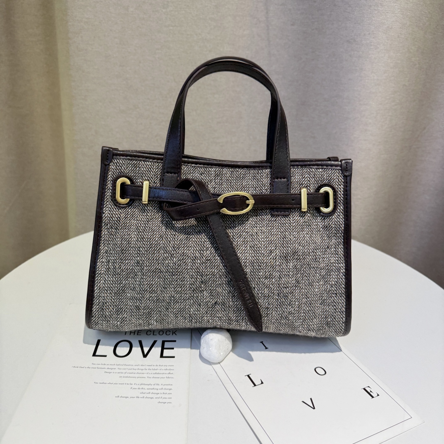 玛莎小众质感毛呢格纹拼接凯莉包2025新款百搭时尚皮带扣斜挎包女