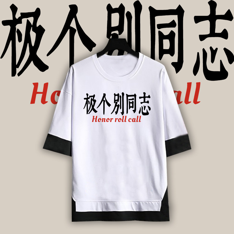 极个别同志搞笑老师点名短袖T恤男女情侣宽松上衣服潮流假两件T恤