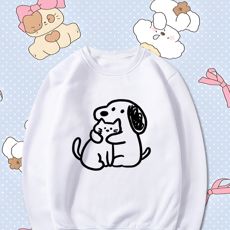 卡通猫猫狗狗好朋友简约线条印花圆领卫衣男女宽松套头无帽上衣服