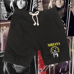 nirvana涅盘摇滚乐队周边小众简笔画复古印花男女款休闲运动短裤