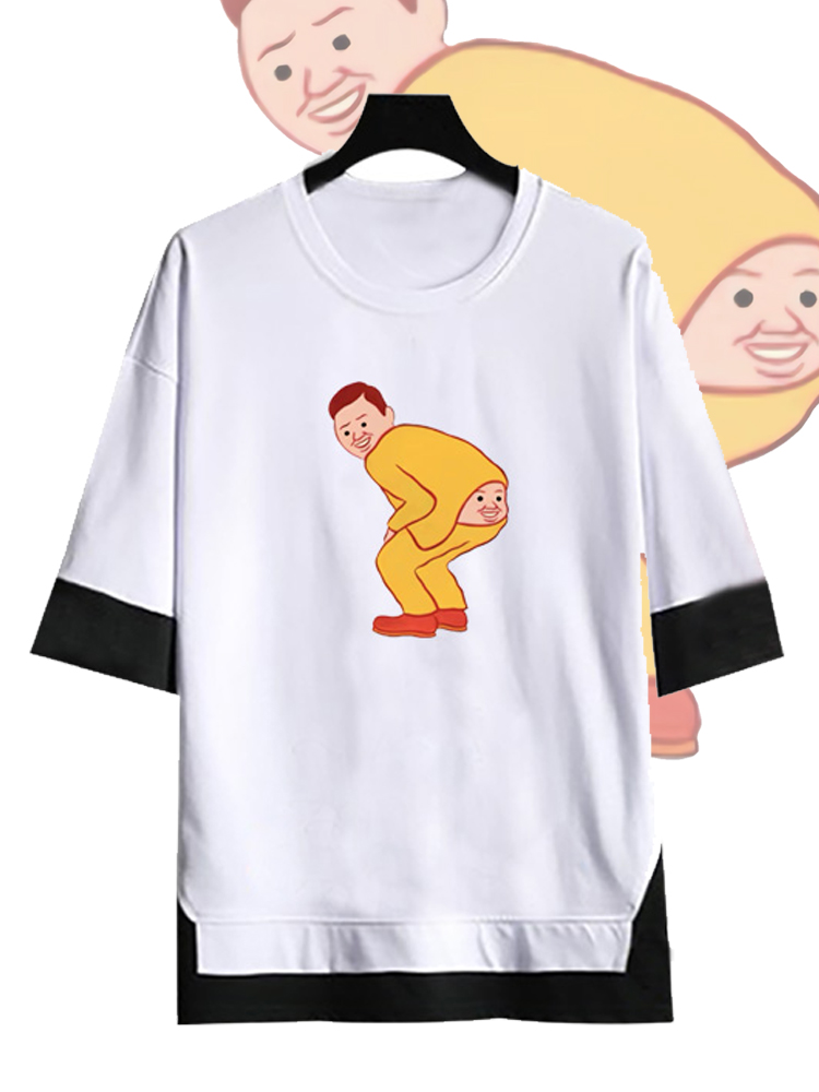 插画恶搞印花五分袖宽松假两件