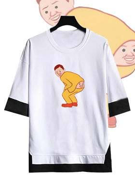 卡通Joan cornella插画恶搞印花假两件男女宽松纯棉圆领五分袖T恤