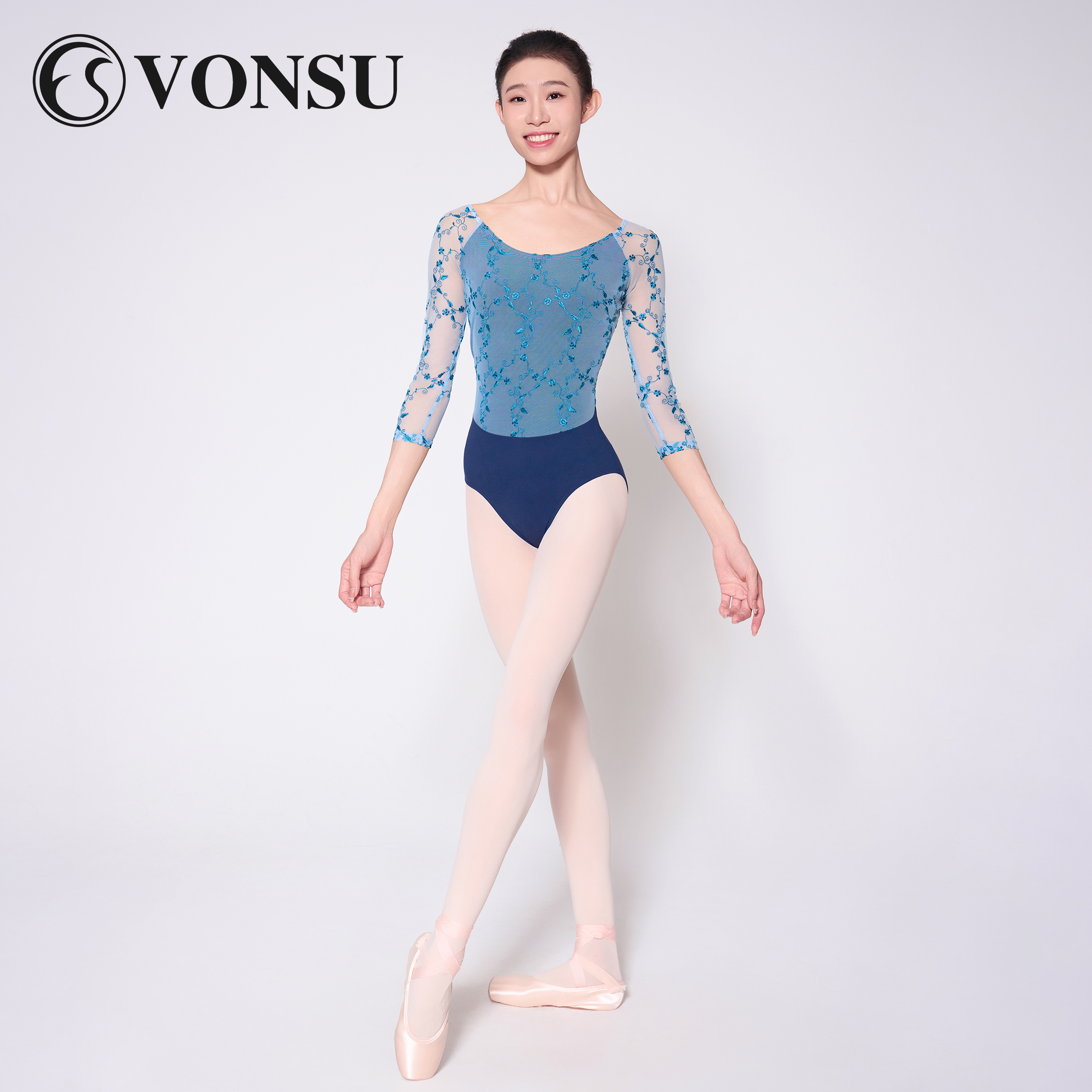vonsu梵舒芭蕾舞绣花网纱练功服