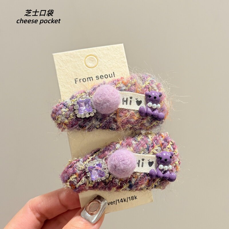 韩国东大门毛绒精致紫钻小熊发夹时尚百搭个性侧边刘海碎发BB夹子