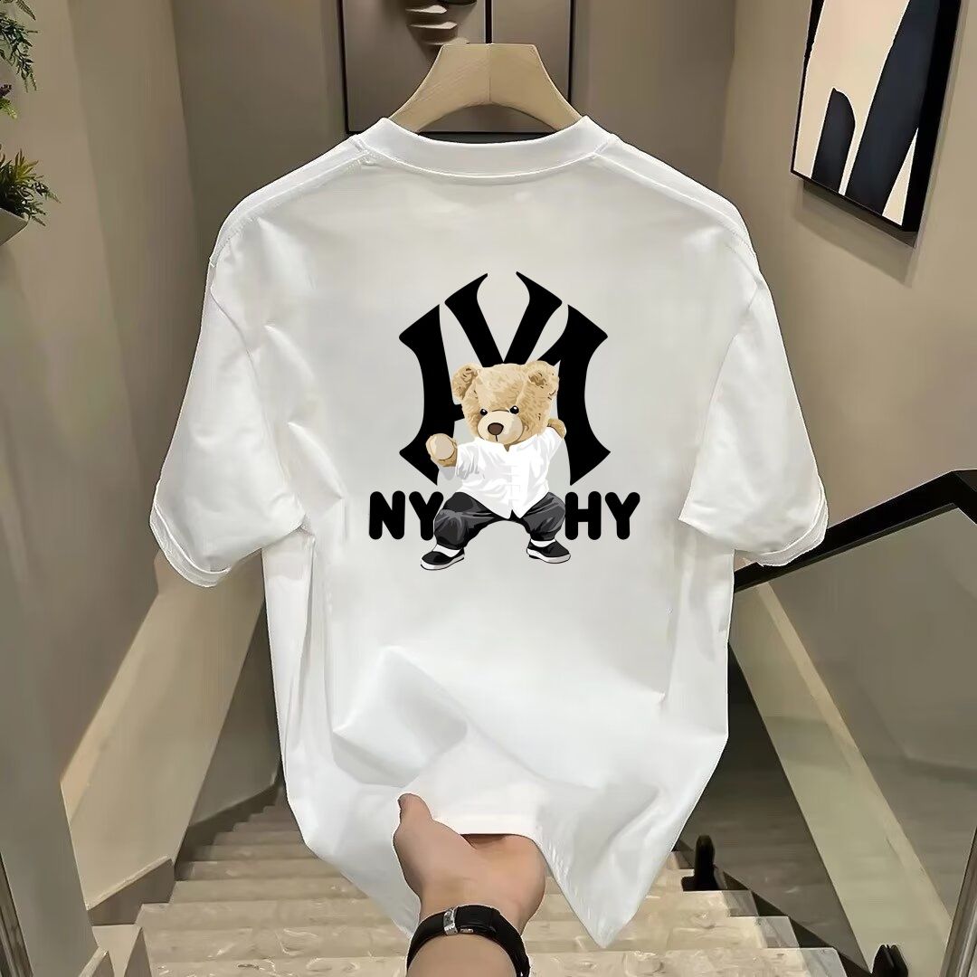 韩版卡通印花NY短袖T恤男女2025夏季新款情侣大标纯棉宽松上衣潮
