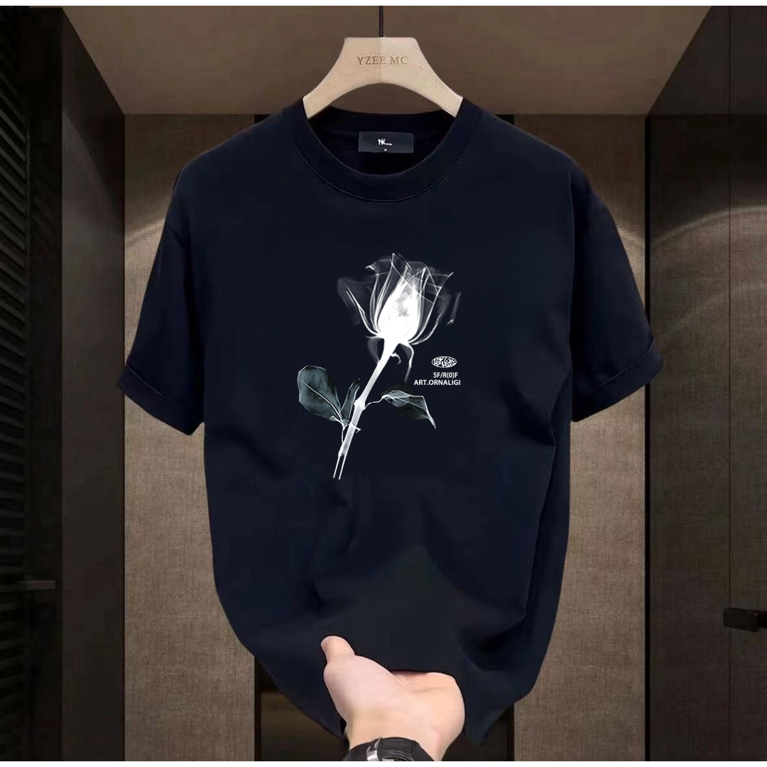 夏季新款玫瑰花印花小领口重磅简约休闲宽松情侣国潮牌男女款短袖