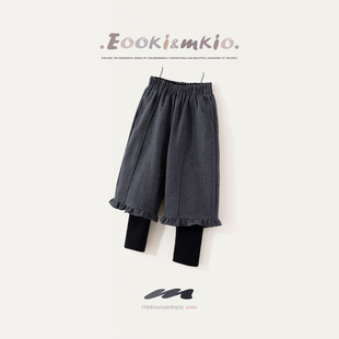 子冬装 儿童阔腿保暖女孩休闲裤 假两件加绒加厚长裤 女童毛呢7分裤