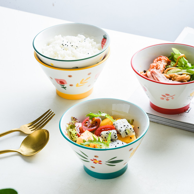 日式手绘釉下彩陶瓷碗单个斗笠碗小面碗米饭碗小碗家用吃饭高脚碗