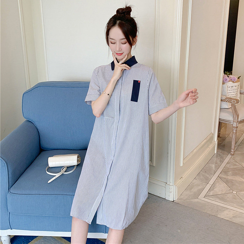 2024 MATERNITY SUMMER DRESS KOREAN VERSION NEW FASHION SHIRT TIDE MOM STRIPED LOOSE MIDI SHIRT DRESS TIDE