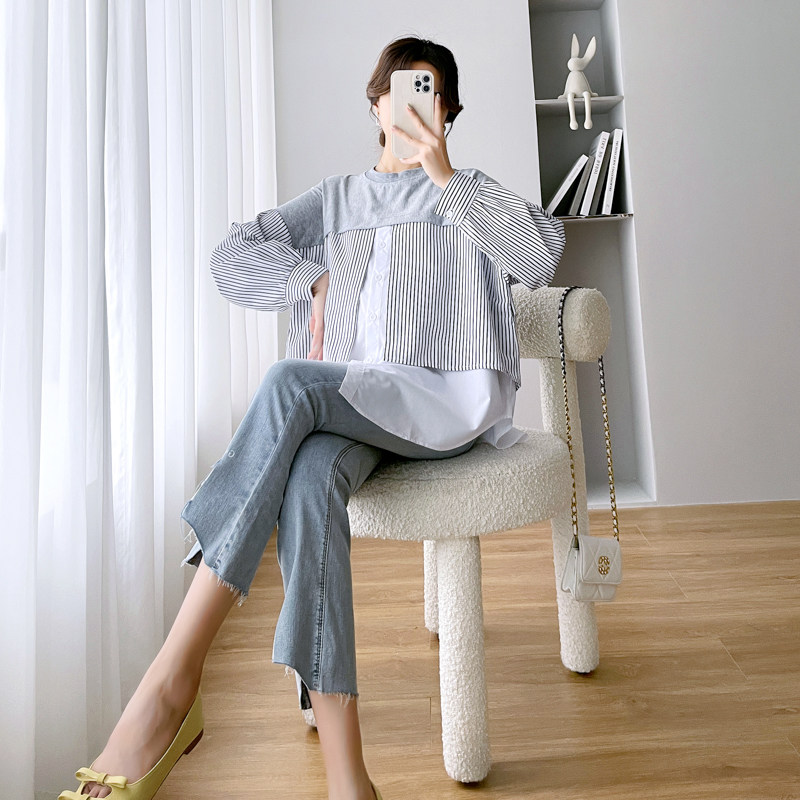 2024 MATERNITY TOP LOOSE SPRING AND AUTUMN KOREAN VERSION COTTON STITCHING LONG SLEEVE SWEATSHIRT T-SHIRT SHIRT LACTATION SHIRT