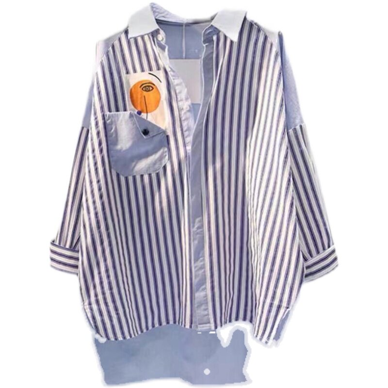 2024 MATERNITY SPRING WEAR KOREAN VERSION NEW MID LENGTH PRINTED STRIPE STITCHED SHIRT FASHION PLUS SIZE WOMENS SHIRT