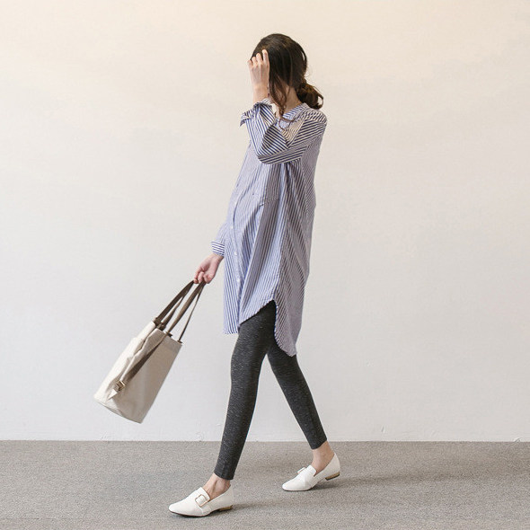 2024 MATERNITY SPRING DRESS NEW KOREAN VERSION NEW SHIRT MID LENGTH STAND COLLAR STRIPED LONG SLEEVE SHIRT DRESS