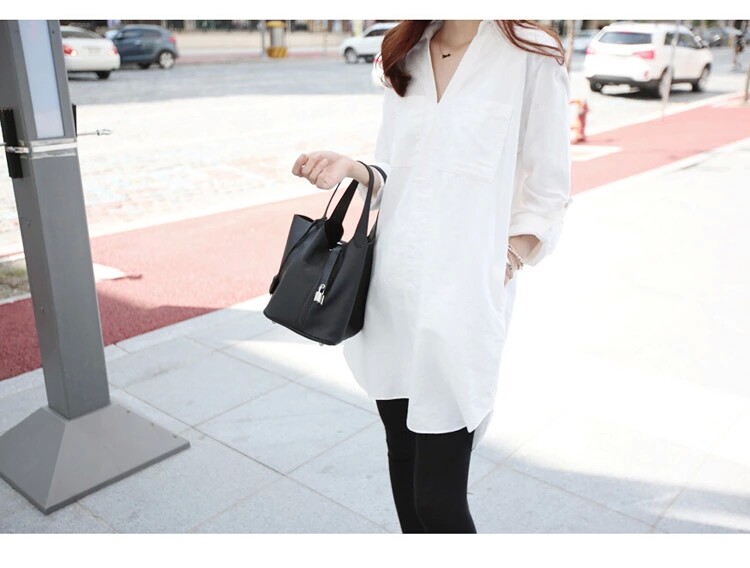 PREGNANT WOMEN SPRING AND AUTUMN CLOTHES KOREAN LOOSE PLUS SIZE MID LENGTH SHIRT WOMENS LONG SLEEVE V-NECK WHITE SHIRT VERSATILE TOP TIDE