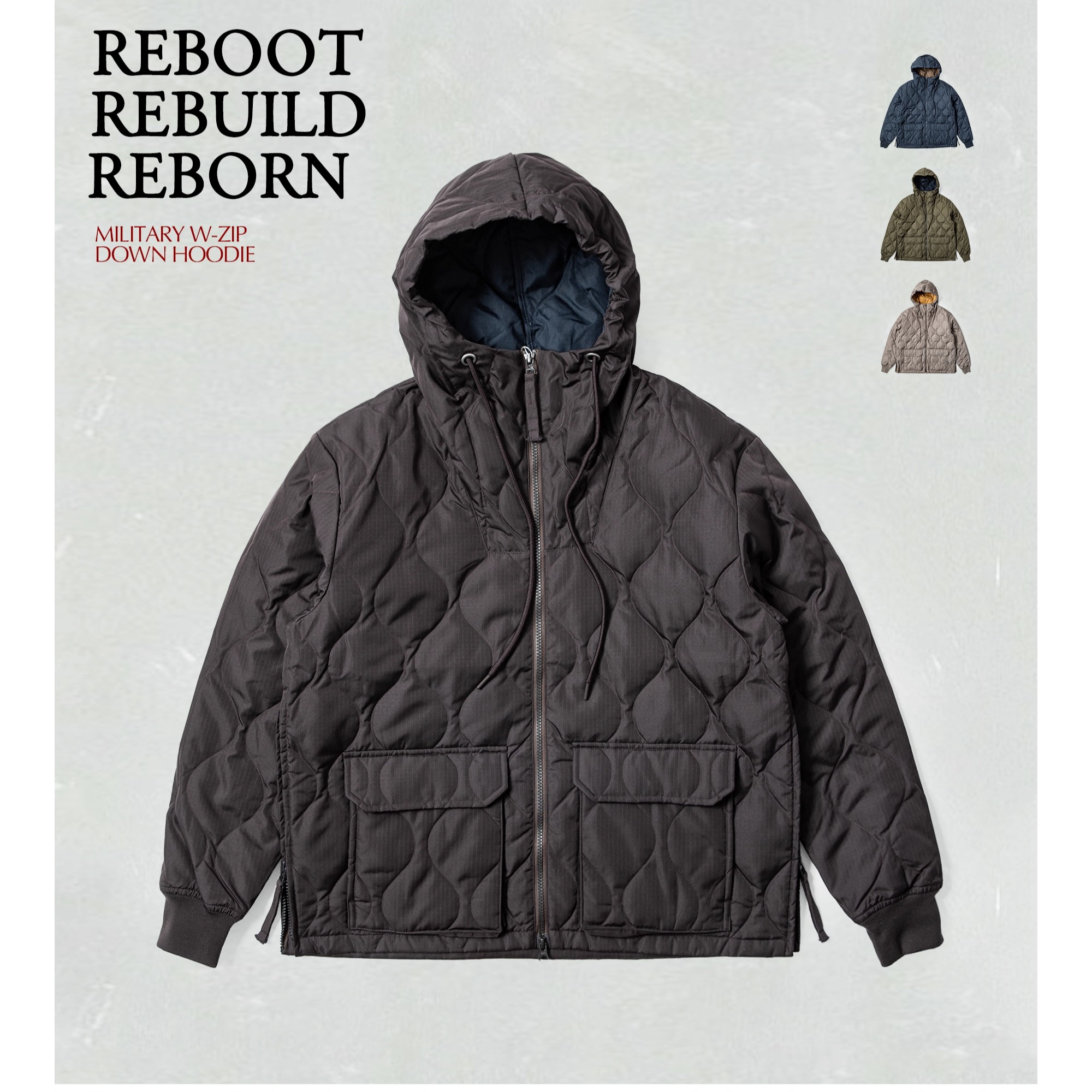 TAION男女宽松连帽羽绒服 侧开叉设计M65绗缝外套 轻盈保暖可收纳