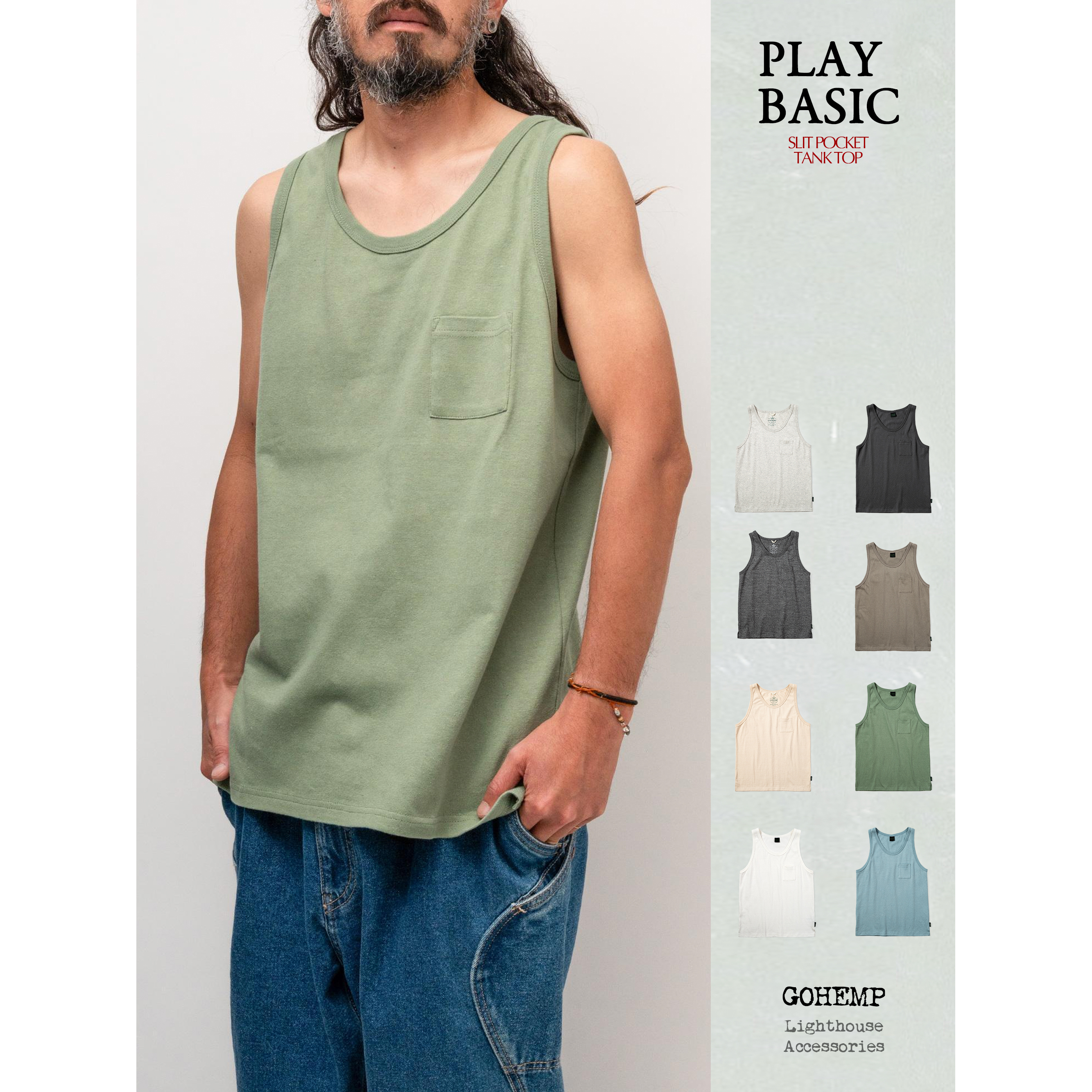 GOHEMP 麻棉混纺背心 透气速干工装口袋款 夏季宽松休闲无袖T恤