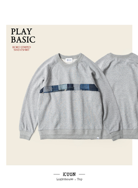 KUON 签名定番 蓝染拼布卫衣 Boro Striped Sweat 114CS0320H1