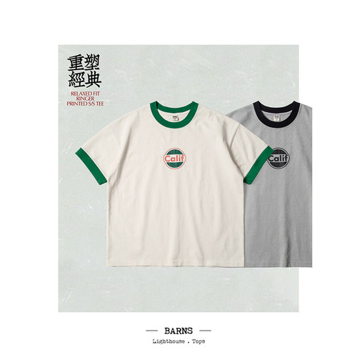 BARNS 70年代美式复古 Ringer Tee 重磅纯棉裂纹印花T恤男