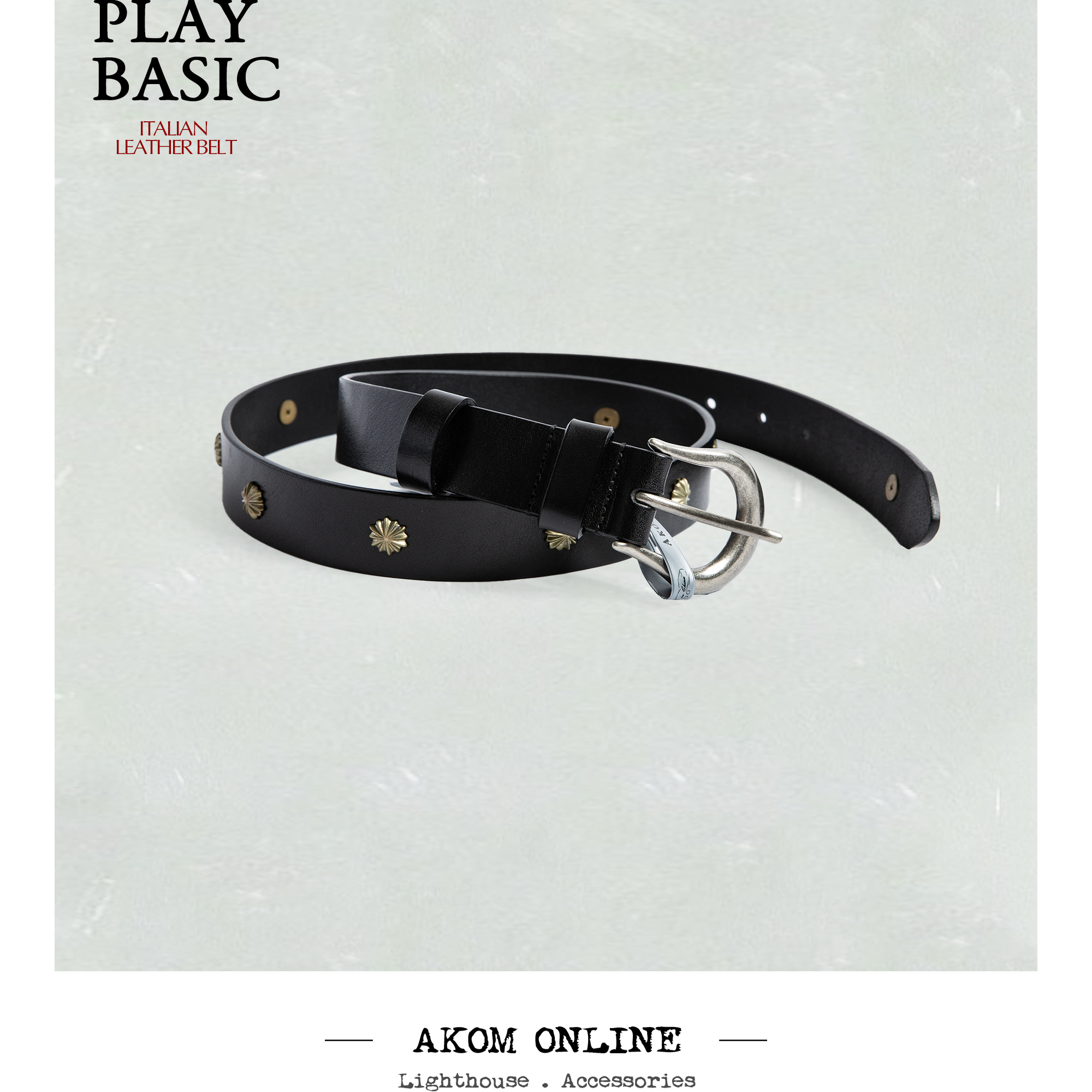 AKOM Online 25SS 意大利牛皮白铜钉百搭黑色经典腰带皮带
