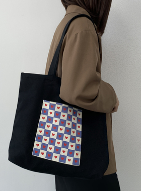 小众方格子帆布包女单肩日系ins韩版大容量学生上课黑色拉链包袋