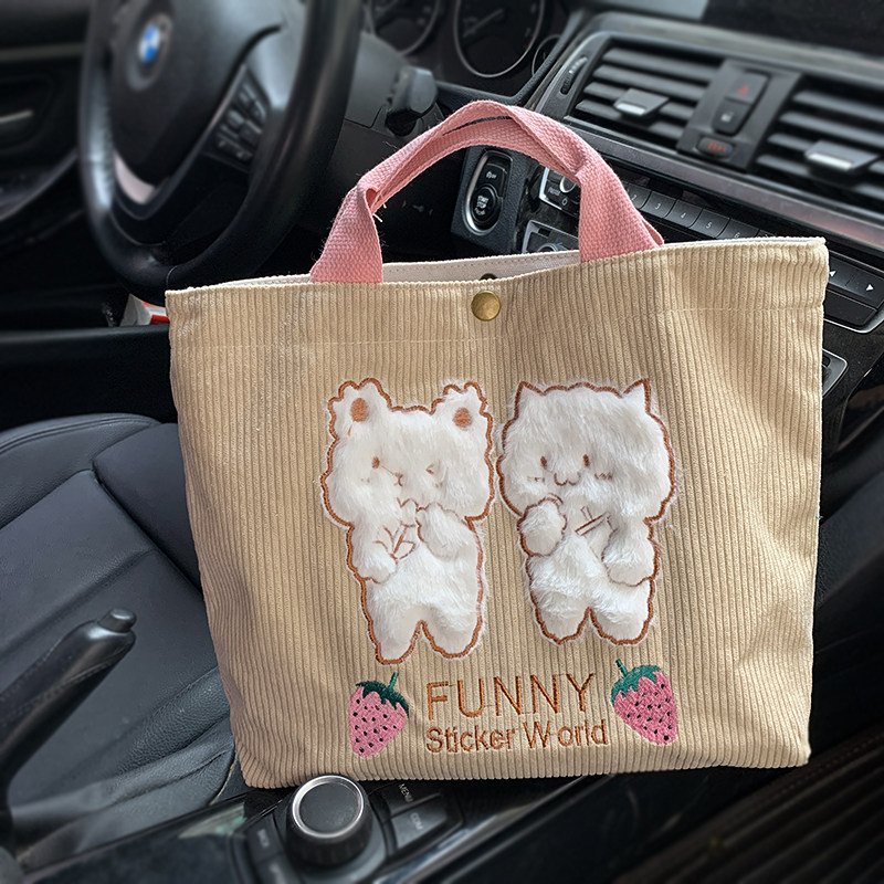 可爱手提帆布袋女包2025新款潮大容量灯芯绒便当手拎少女小号布包