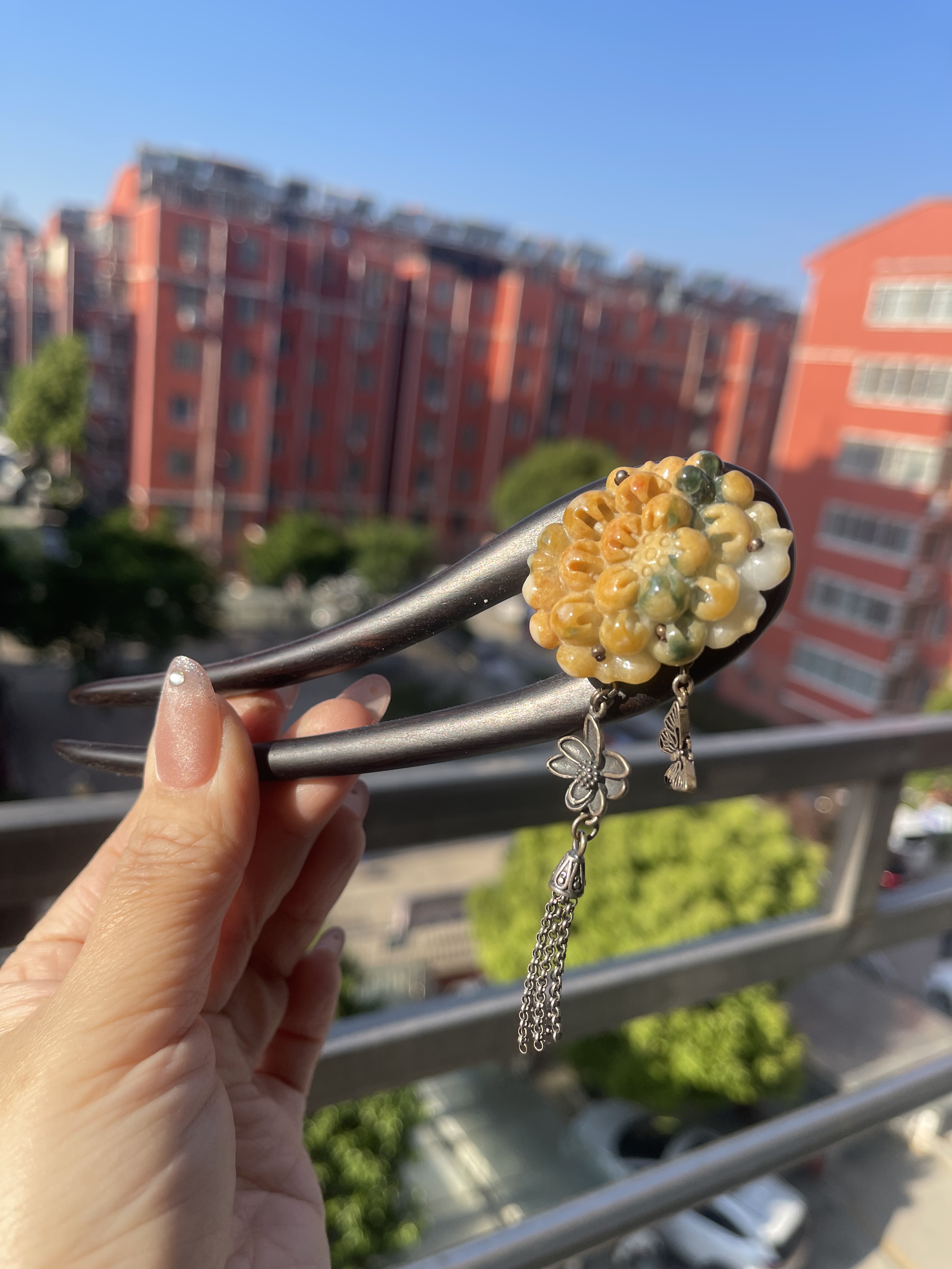 天然翡翠A货黄翡发钗檀木发簪925纯银流苏复古宫廷款