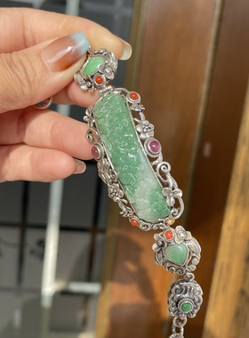 天然翡翠A货果绿蝶恋花手链925纯银老银款款台湾工复古工艺