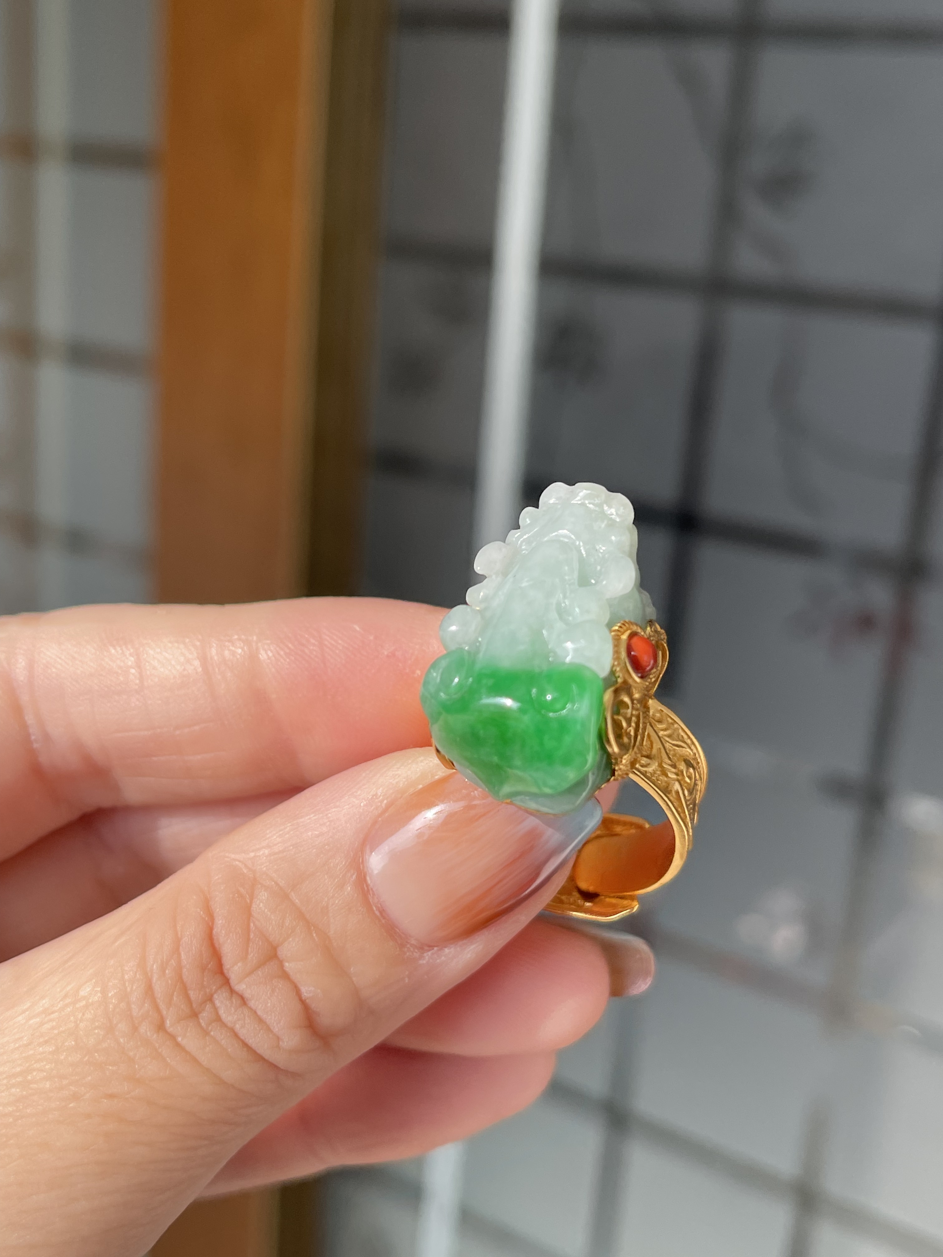 天然翡翠A货糯种白底青阳绿貔貅戒指925纯银鎏金款台湾工复古工艺