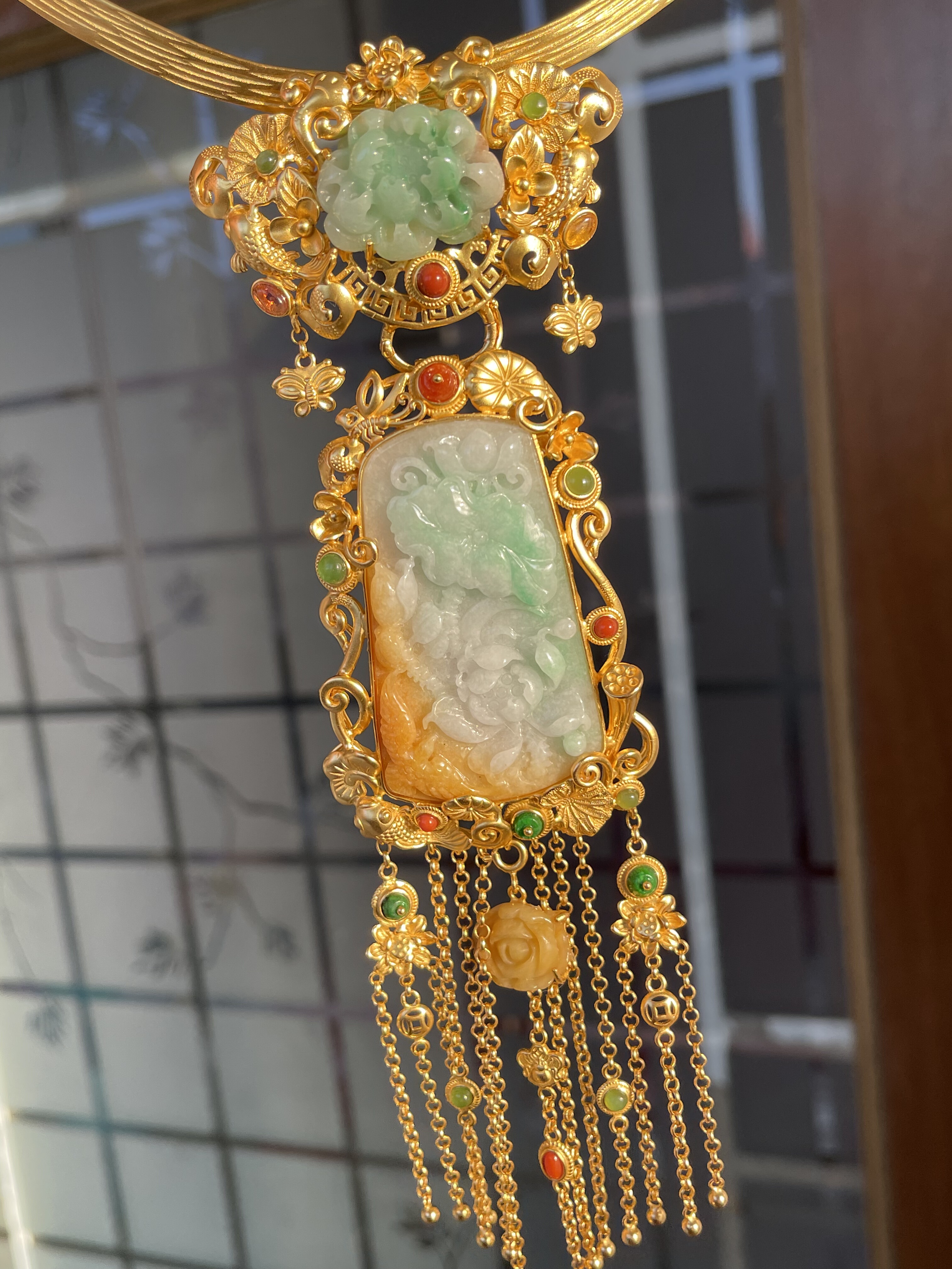 天然翡翠A货黄加绿喜事连连吊坠台湾工复古银民族风流苏款