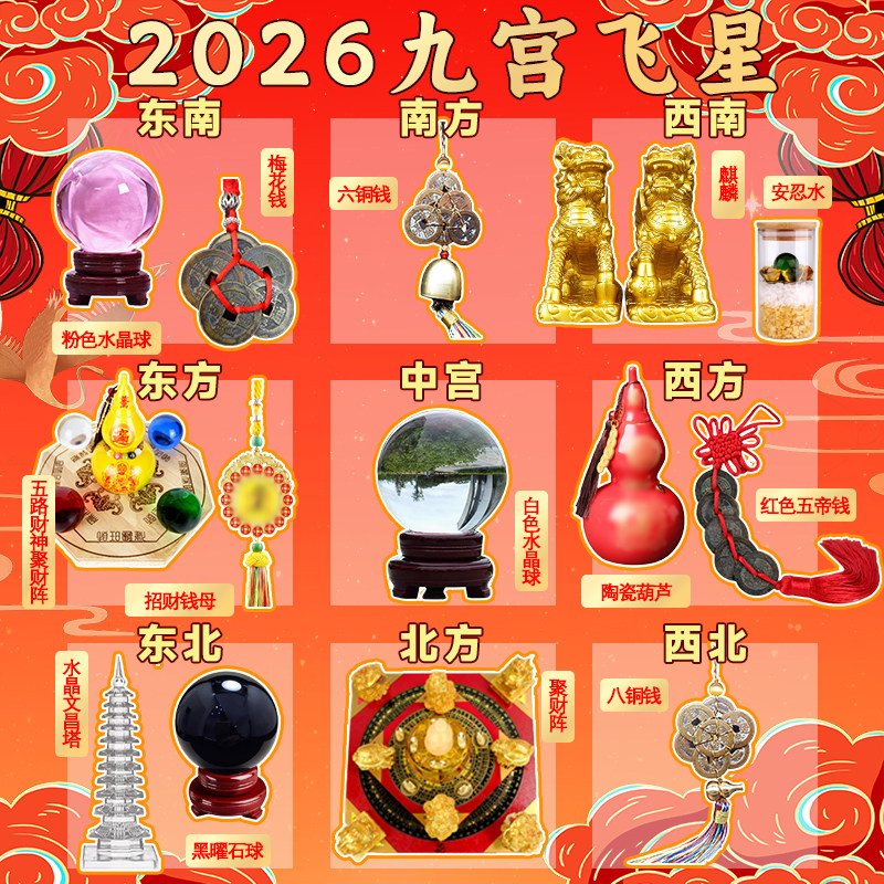 2026年九宫飞星化五黄二黑七赤旺偏财正财聚财阵麒麟水晶球五帝钱