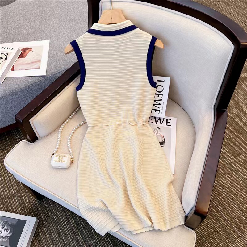 CLEARANCE SPILLS BIG-NAME FRENCH POLO NECK KNIT DRESS WOMENS DESIGN SENSE NICHE SLEEVELESS VEST A-LINE SKIRT