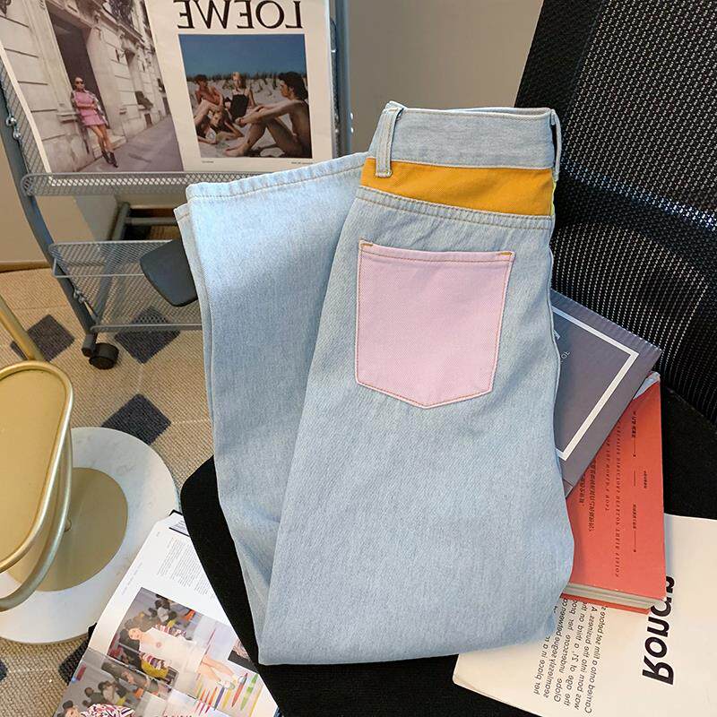 CLEARANCE PICKS UP LEAKS FOREIGN TRADE FIRST-LINE BIG-NAME CUT LABEL SPLICING JEANS WOMENS SPRING AND AUTUMN HIGH-WAISTED STRAIGHT-LEG WIDE-LEG PANTS SPRING AND AUTUMN