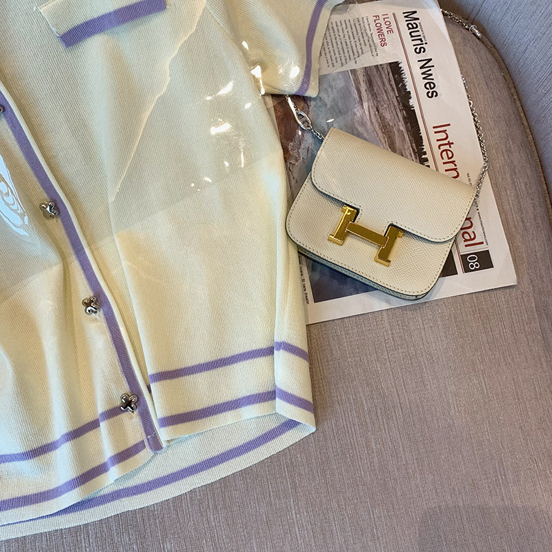 CLEARANCE PICK-UP SMALL FRAGRANCE GENTLE POLO COLLAR CONTRAST ICE SILK KNIT CARDIGAN WOMENS SUMMER THIN TEMPERAMENT SHORT-SLEEVED TOP