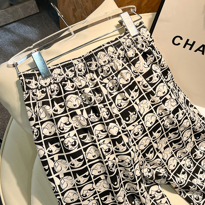 CLEARANCE PICKS UP BIG-NAME CARTOON PRINT WIDE-LEG PANTS WOMENS SUMMER THIN HIGH-WAISTED SLIM CHECKERBOARD CASUAL STRAIGHT-LEG PANTS