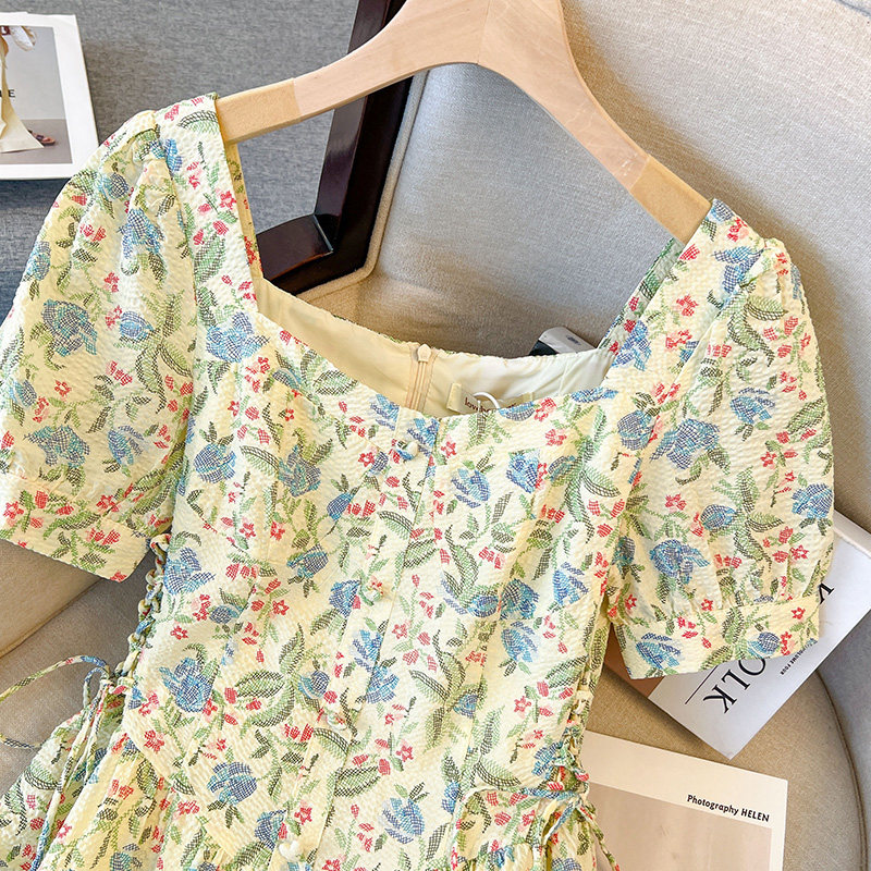 TEA BREAK FRENCH FLORAL CHIFFON DRESS WOMENS SUMMER 2023 NEW HIGH-END TEMPERAMENT BEAUTIFUL SQUARE NECK LONG SKIRT