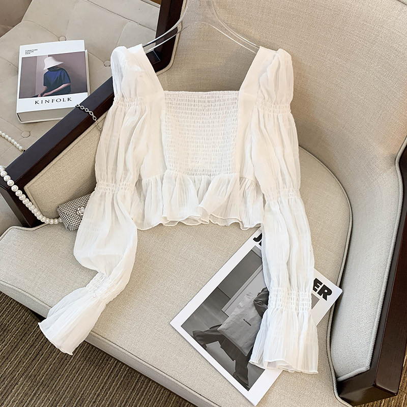 CLEARANCE PICKS UP BIG BRANDS EARLY AUTUMN FRENCH RUFFLED CHIFFON SHIRT WOMENS DESIGN SENSE NICHE CROPPED SQUARE NECK TOP