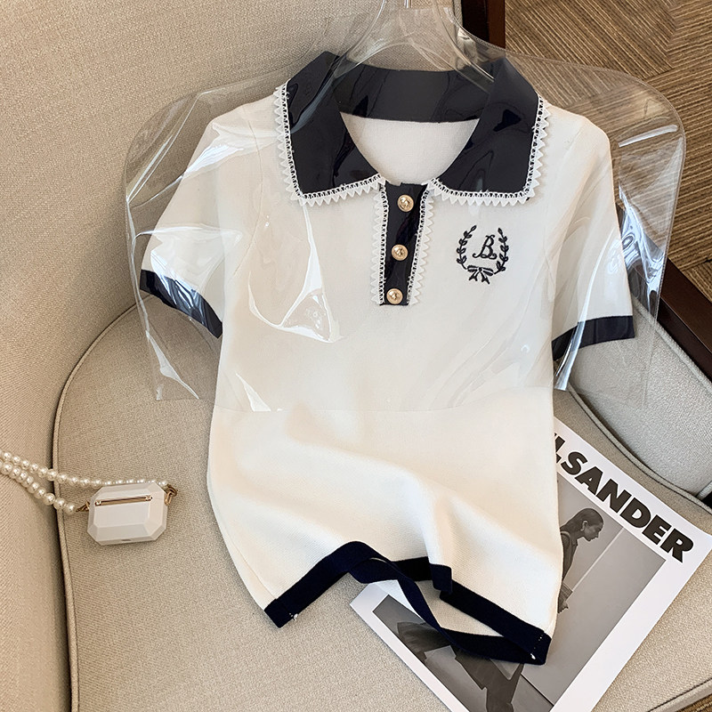 CLEARANCE PICK-UP COUNTER WITHDRAWAL WOMENS CONTRASTING POLO COLLAR EMBROIDERED KNITWEAR DESIGN SENSE NICHE CHIC TOP