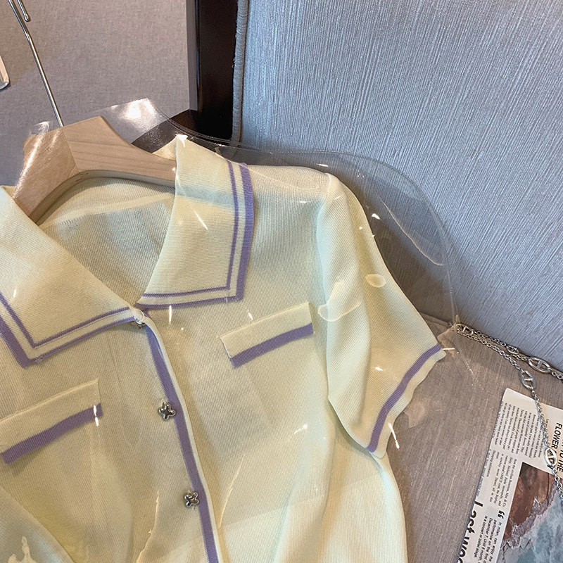 CLEARANCE PICK-UP SMALL FRAGRANCE GENTLE POLO COLLAR CONTRAST ICE SILK KNIT CARDIGAN WOMENS SUMMER THIN TEMPERAMENT SHORT-SLEEVED TOP