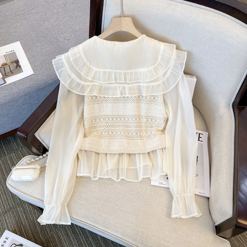 BIG BRAND LEAK FRENCH NICHE FAKE TWO DOUBLE DOLL COLLAR LACE SHIRT WOMENS DESIGN SENSE CHIC LONG-SLEEVED TOP