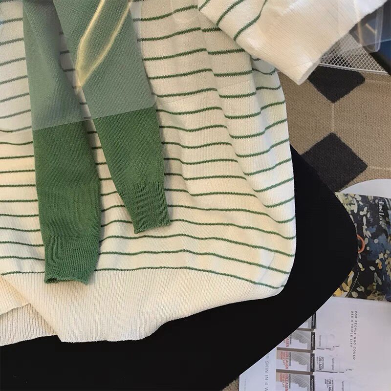CLEARANCE PICK-UP COUNTER WITHDRAWAL WOMENS CLOTHING SHAWL FAKE TWO STRIPED ICE SILK KNITWEAR DESIGN SENSE SHORT-SLEEVED TOP