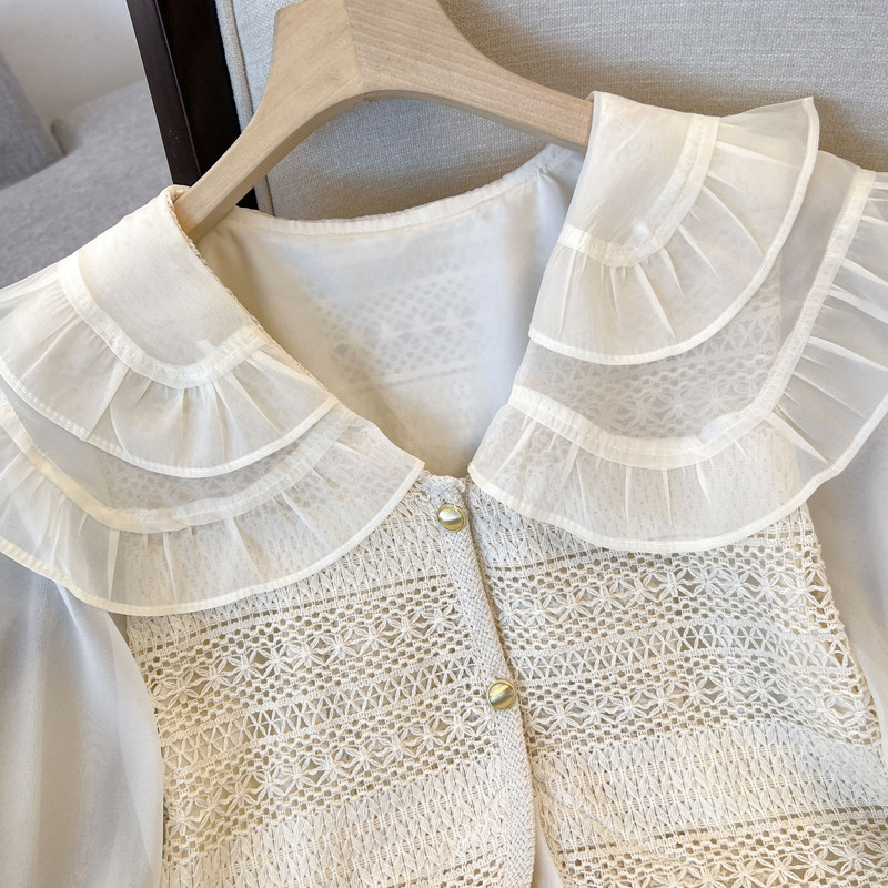 BIG BRAND LEAK FRENCH NICHE FAKE TWO DOUBLE DOLL COLLAR LACE SHIRT WOMENS DESIGN SENSE CHIC LONG-SLEEVED TOP