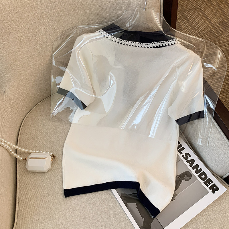 CLEARANCE PICK-UP COUNTER WITHDRAWAL WOMENS CONTRASTING POLO COLLAR EMBROIDERED KNITWEAR DESIGN SENSE NICHE CHIC TOP